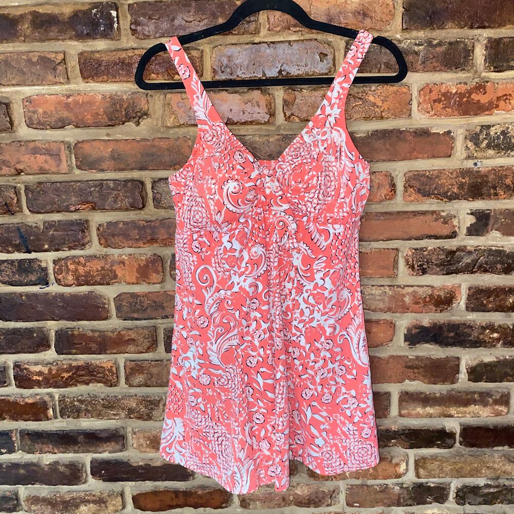 Swim Solutions Coral Printed One-Piece Swim Bathing Suit Dress Women's Size 16 - Picture 2 of 8